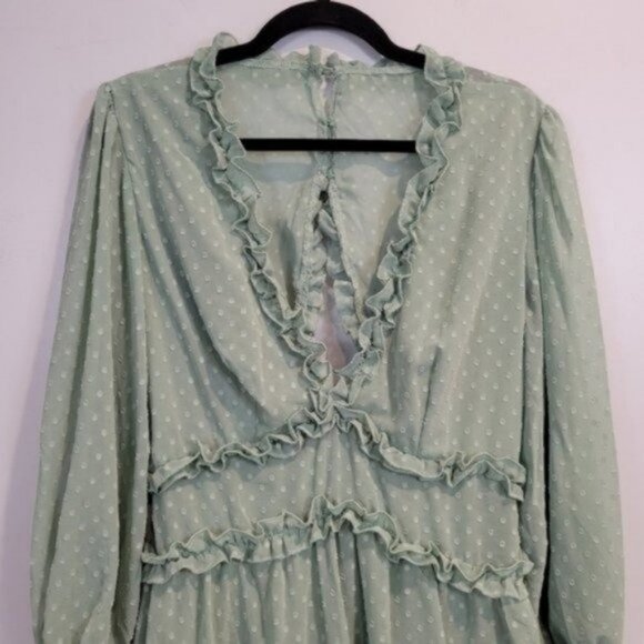 Shein Polka Dot Print Shirred Waist Layered Ruffle Hem Key hole Back Dress - Picture 5 of 10